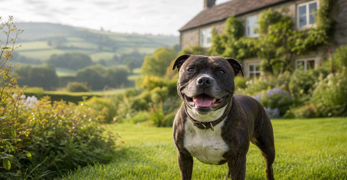 Staffordshire Bull Terrier in English garden countryside, dog holiday UK destination