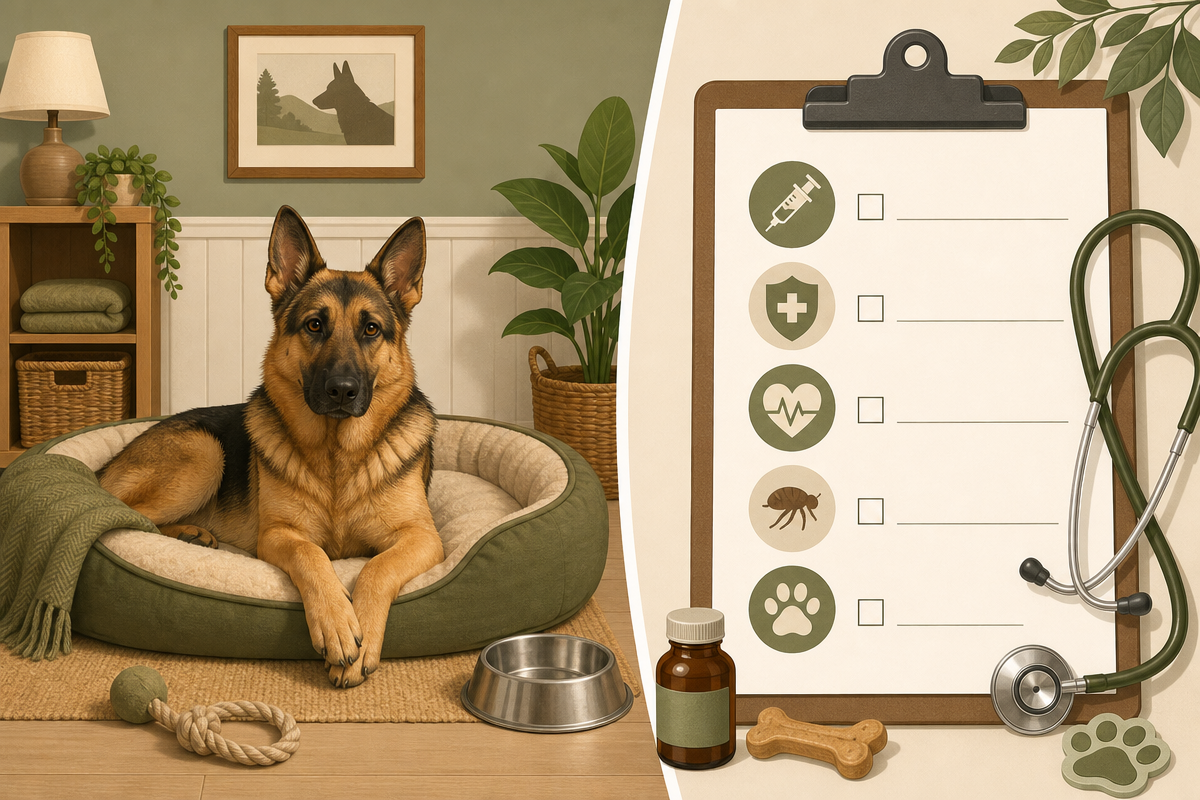 Dog holiday preparation checklist illustration, vet health check and boarding room