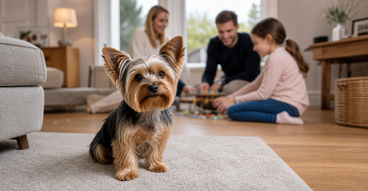 Young Yorkshire Terrier in a family home living room with parents and child playing in background