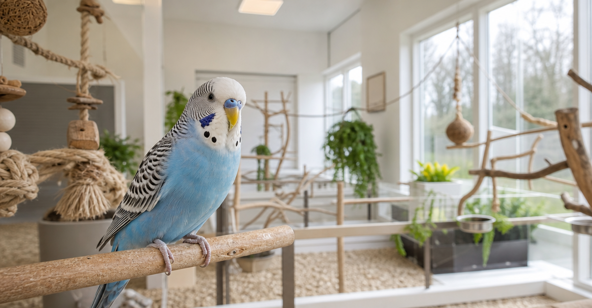 Healthy parakeet in a bright, specialist bird boarding facility with natural light