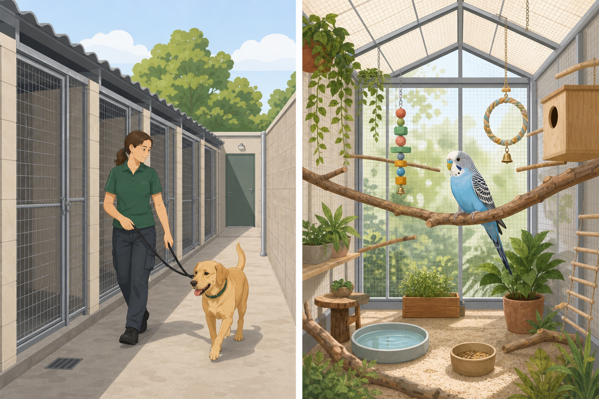 Illustration comparing dog boarding and bird boarding facility requirements