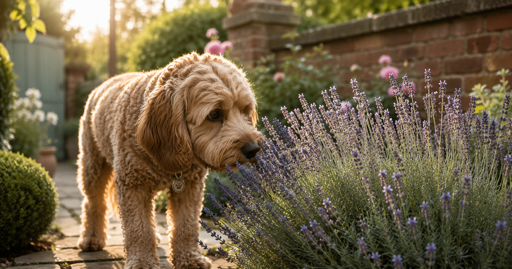 Golden Retriever sniffing lavender flowers in a British garden during golden hour
