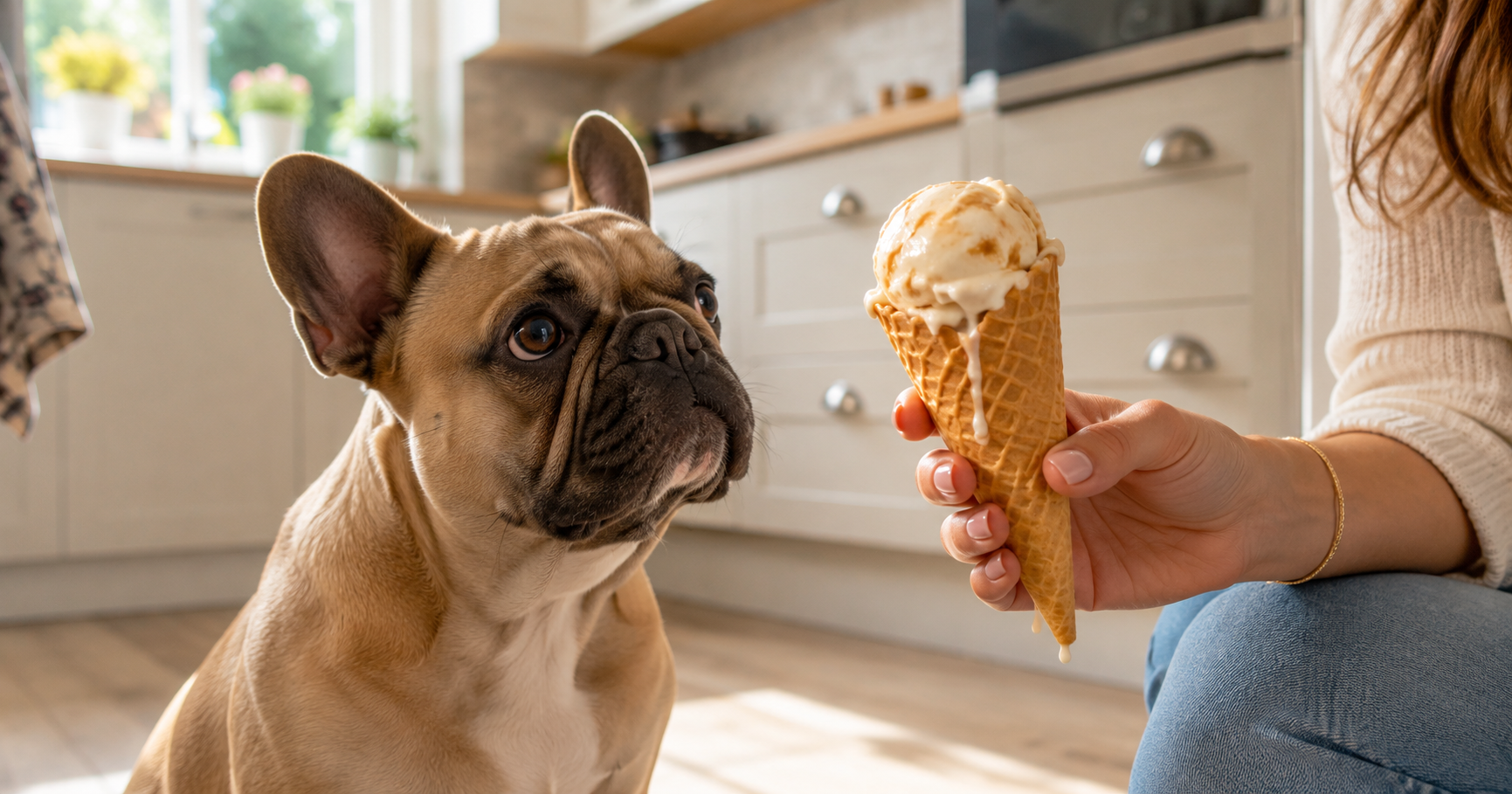 Black Labrador eyeing ice cream cone in kitchen - dog food safety concept