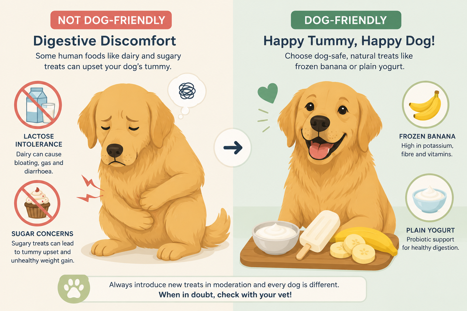 Illustration comparing harmful ice cream effects to safe frozen treat alternatives for dogs