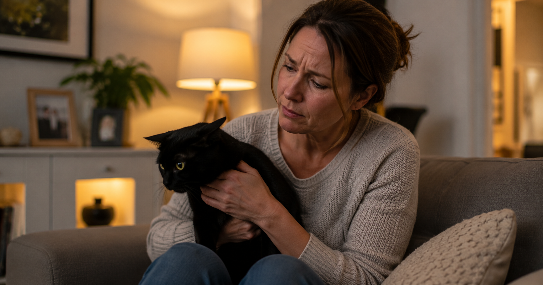 Woman with stressed black cat showing cat behaviour problems at home