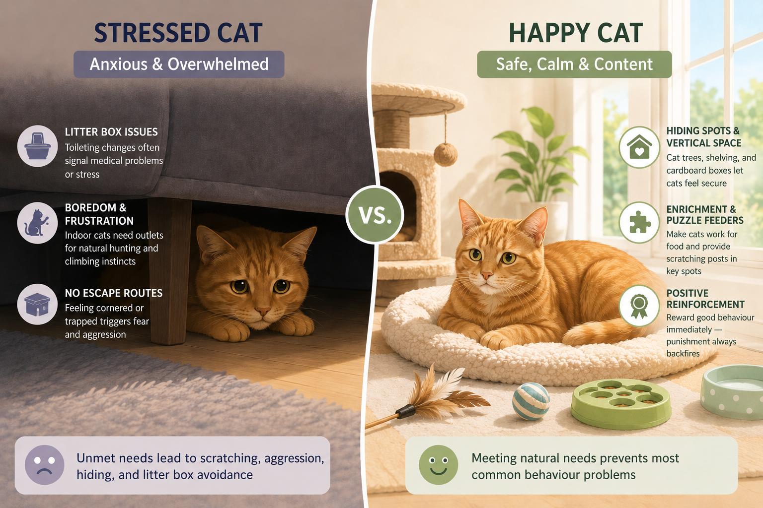 Illustration comparing stressed vs calm cat behaviour and solutions