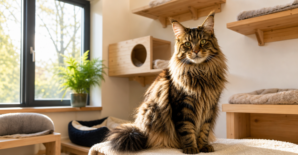 Maine Coon cat in a bright cattery room with comfortable bedding and wooden perches