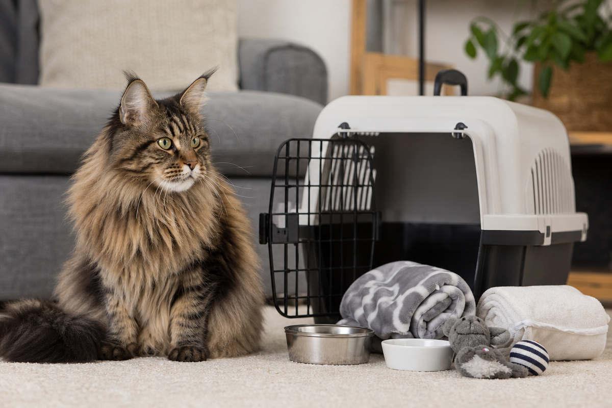 Maine Coon cat with pet carrier and boarding essentials for cattery stay