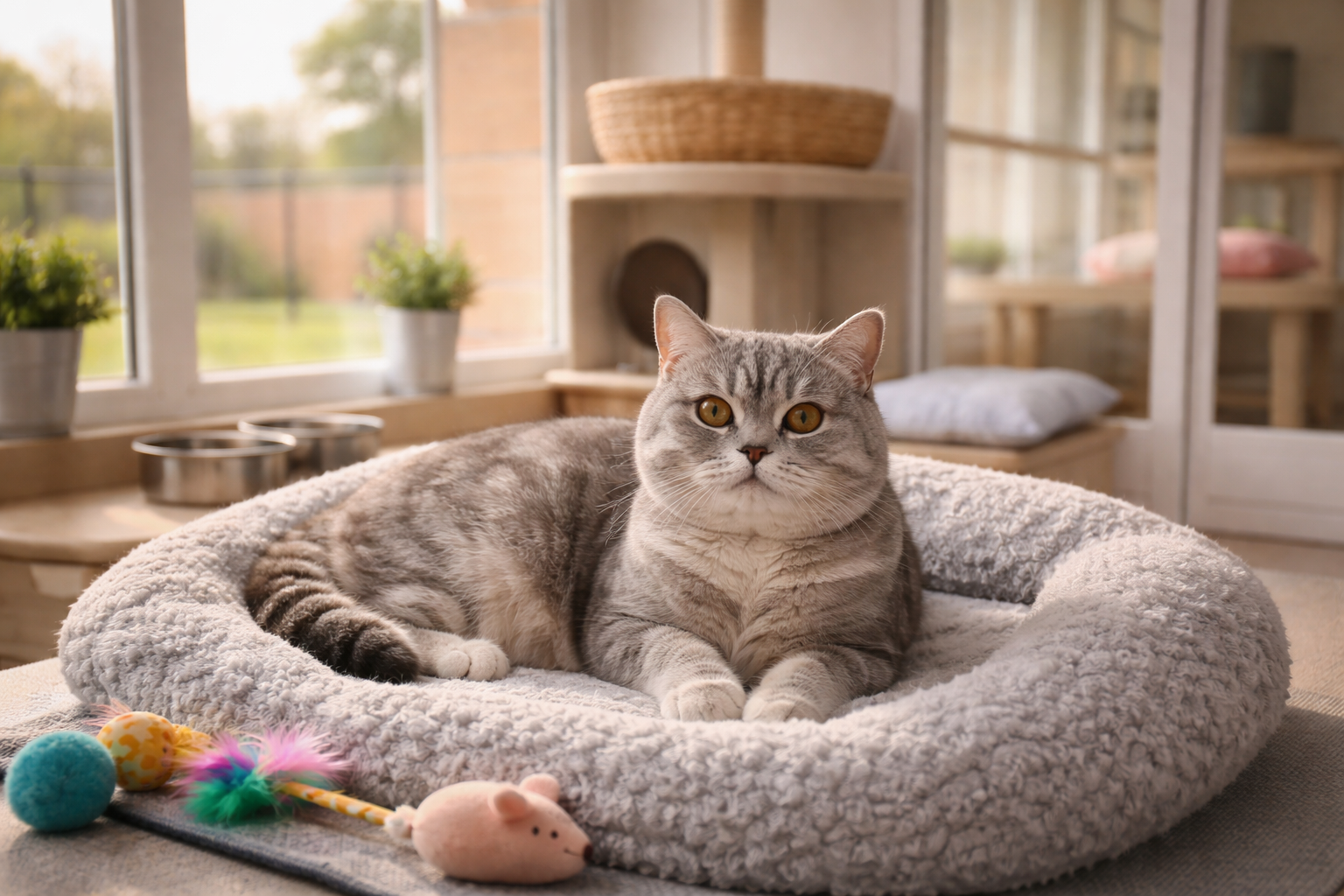 Content cat in a comfortable UK cattery with natural lighting and modern facilities