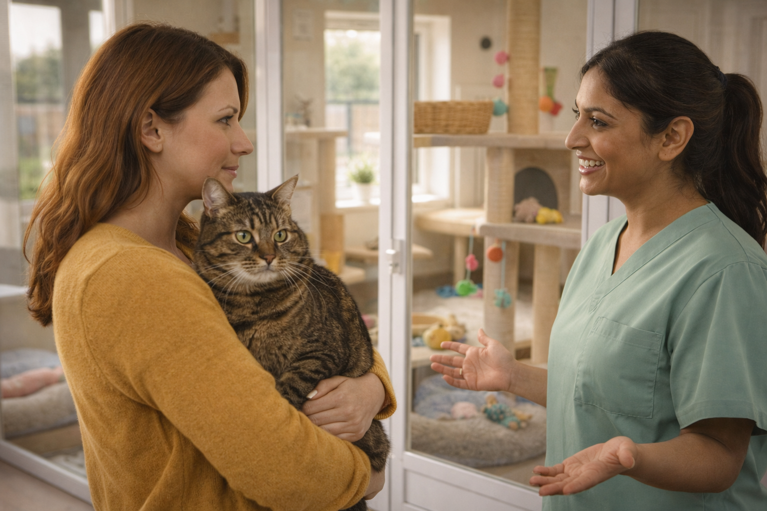 Cat owner evaluating cattery facilities with professional staff member