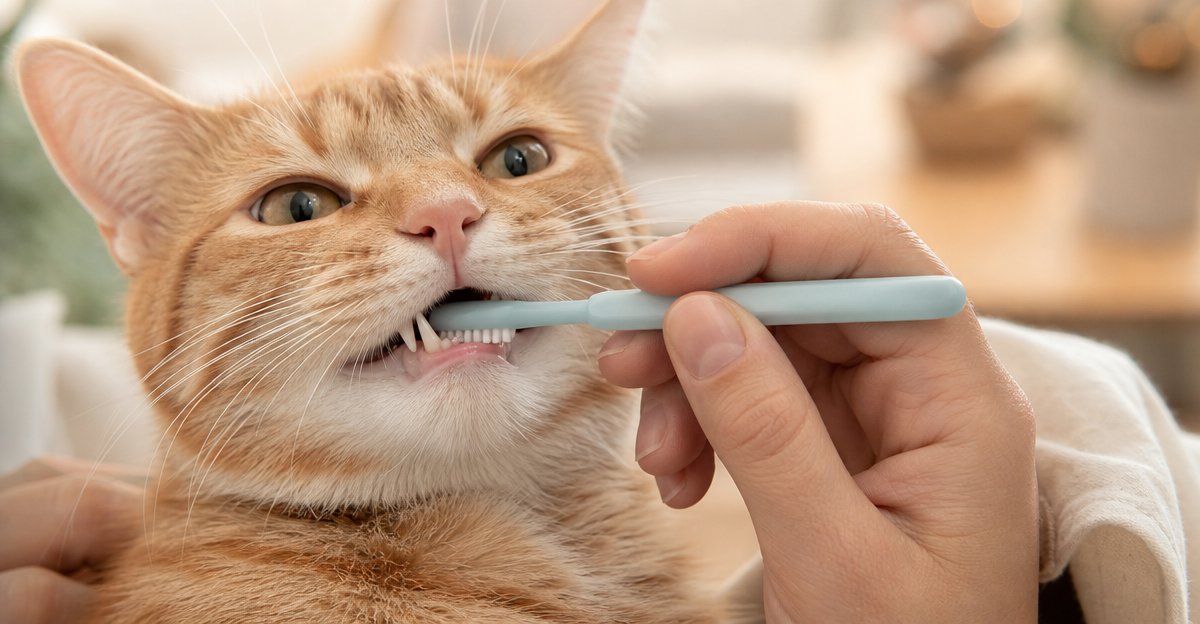 Ginger cat receiving dental care with toothbrush during home dental examination