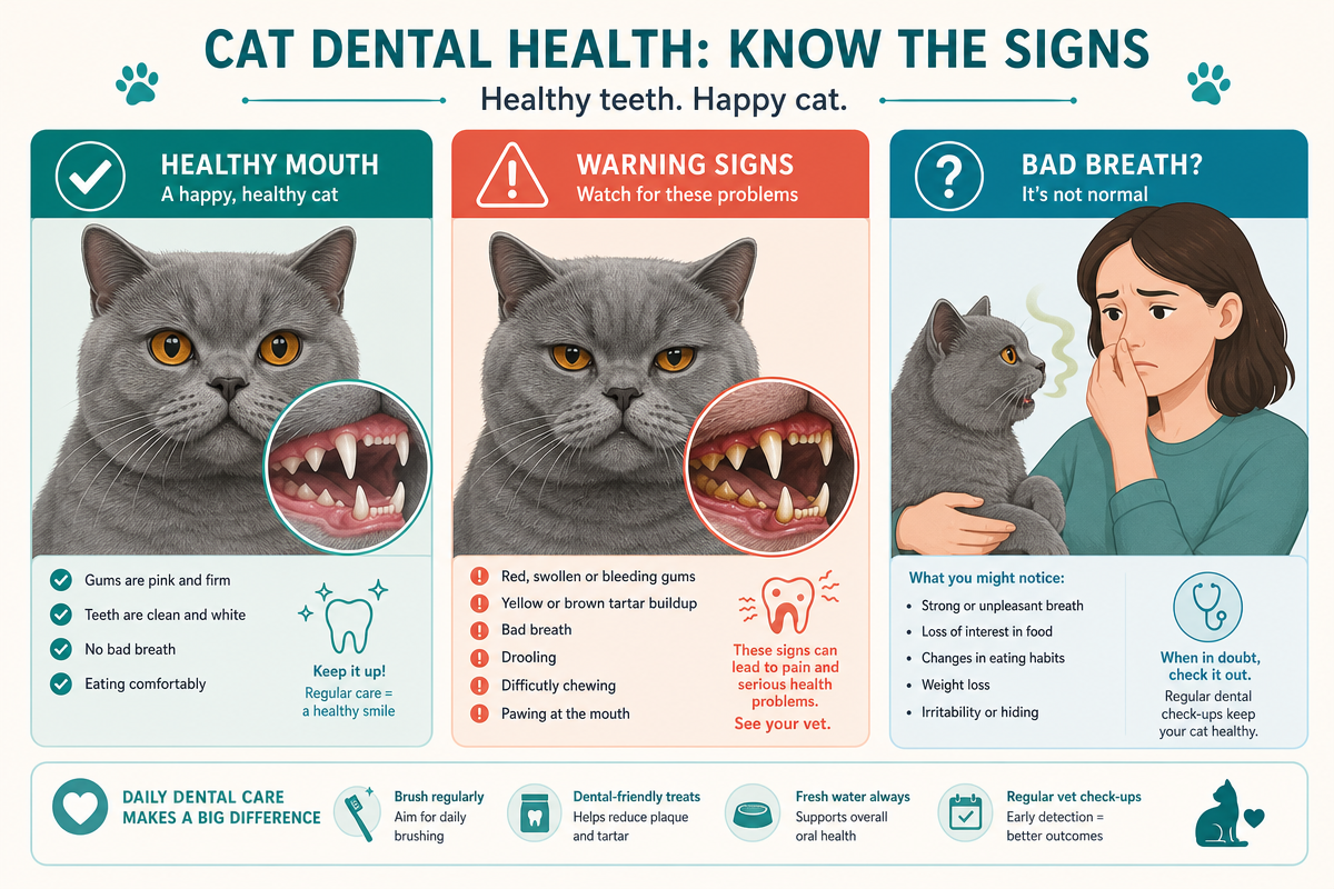 Visual guide showing signs of cat dental problems and healthy teeth comparison