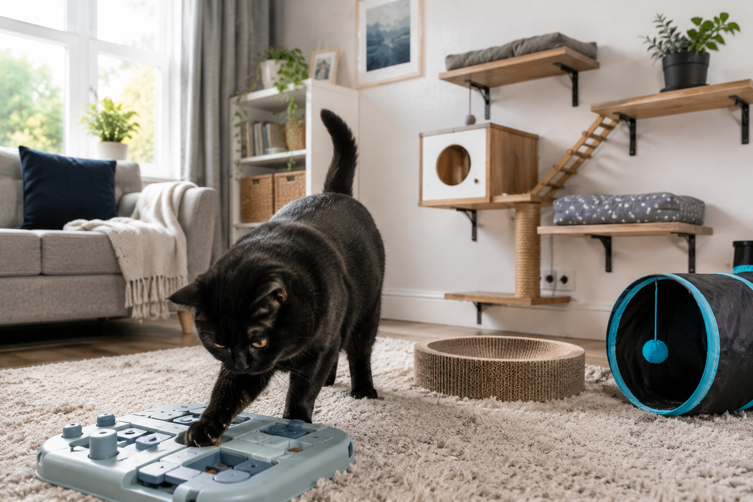 Black cat using a puzzle feeder next to climbing shelves in a bright living room
