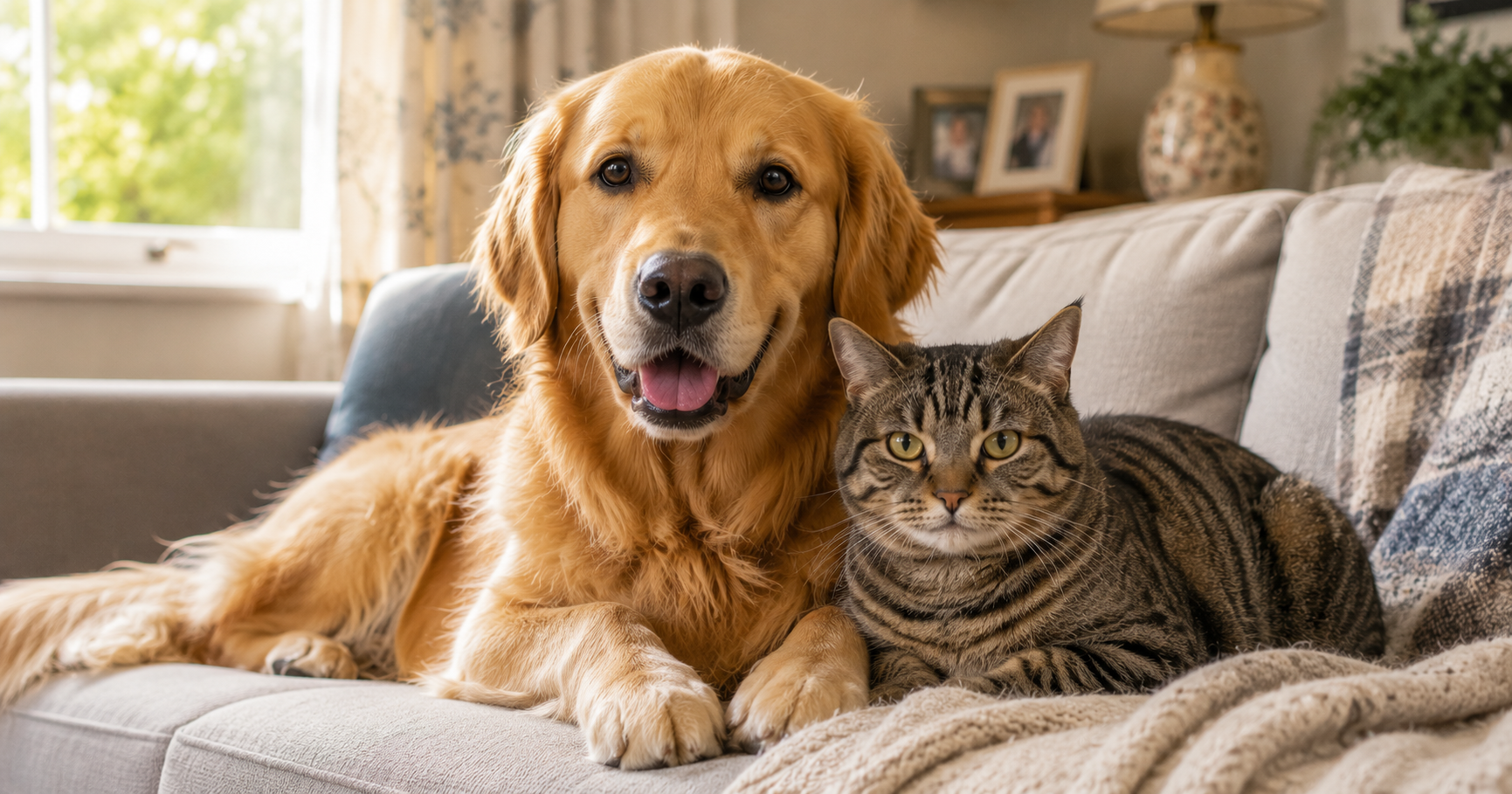 Golden Retriever and tabby cat sitting together peacefully on a sofa