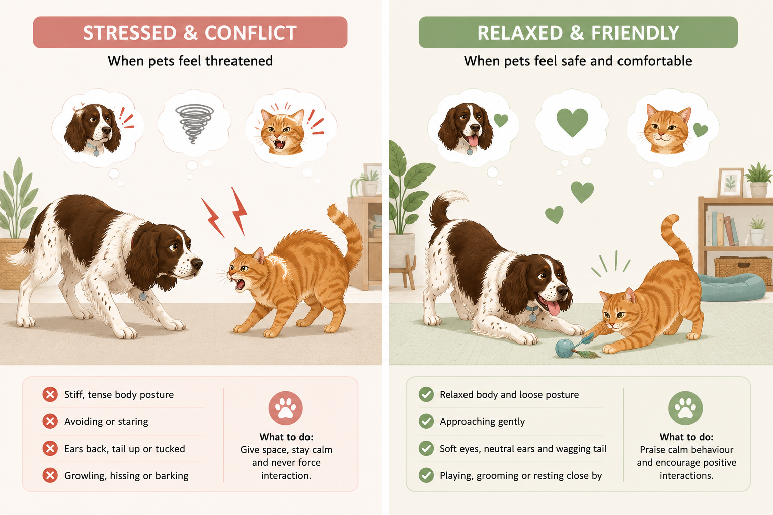 Side-by-side comparison of a stressed and a relaxed dog-cat pair