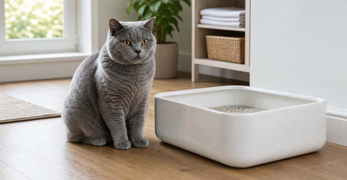 British Shorthair cat litter training with ceramic tray in modern UK home