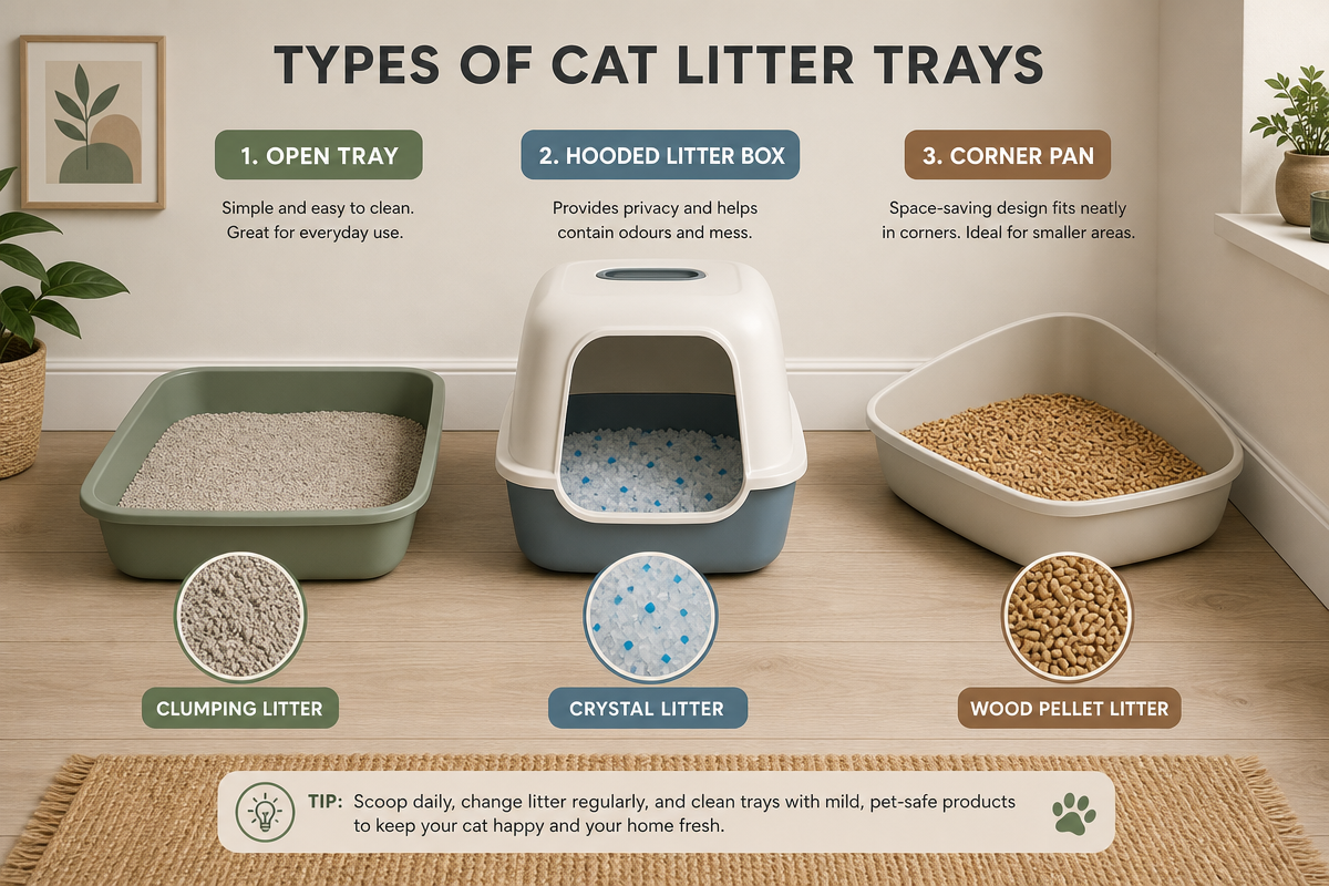 Illustration of different cat litter tray types and litter materials for training