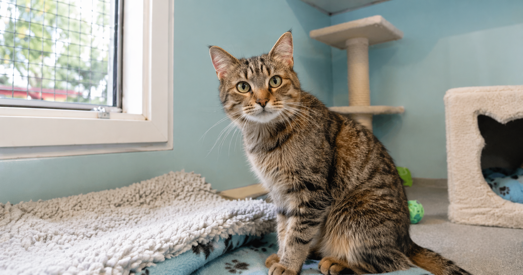 Tabby cat settling into a cattery pen with comfortable bedding