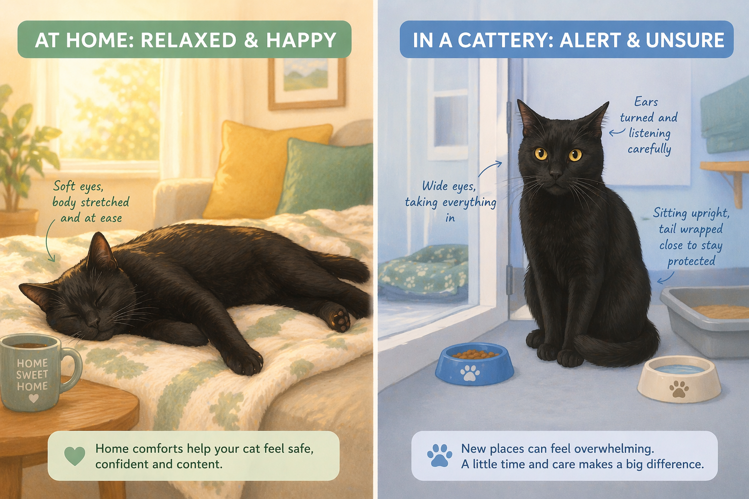 Illustration comparing relaxed cat at home versus alert cat at cattery
