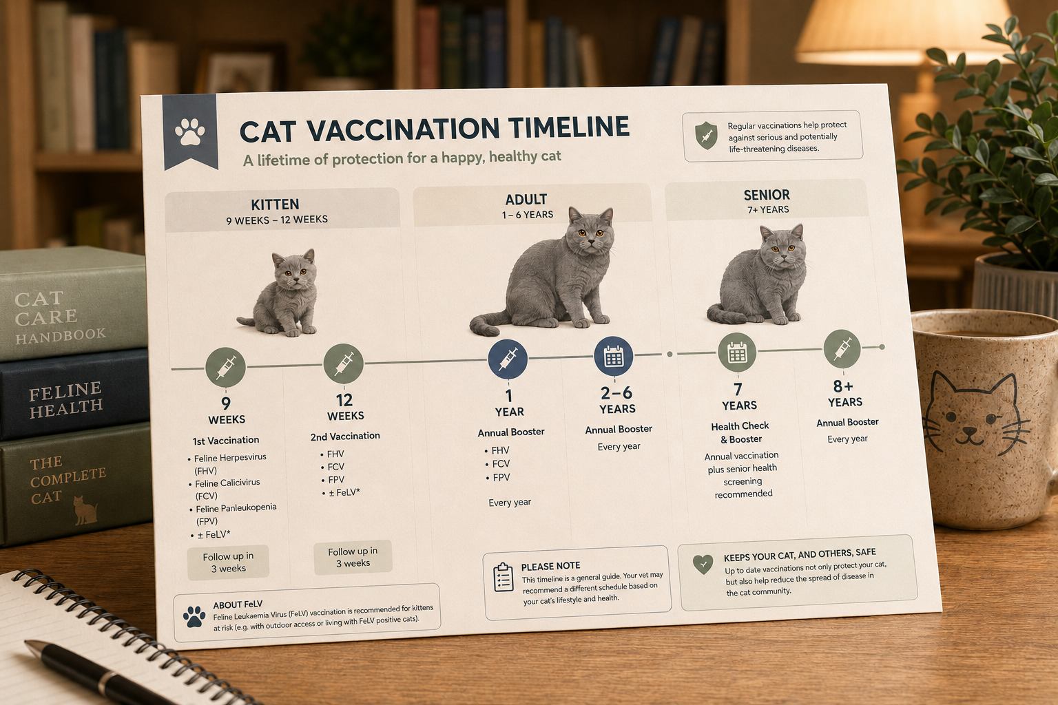 Cat vaccination schedule timeline showing vaccine types and recommended ages