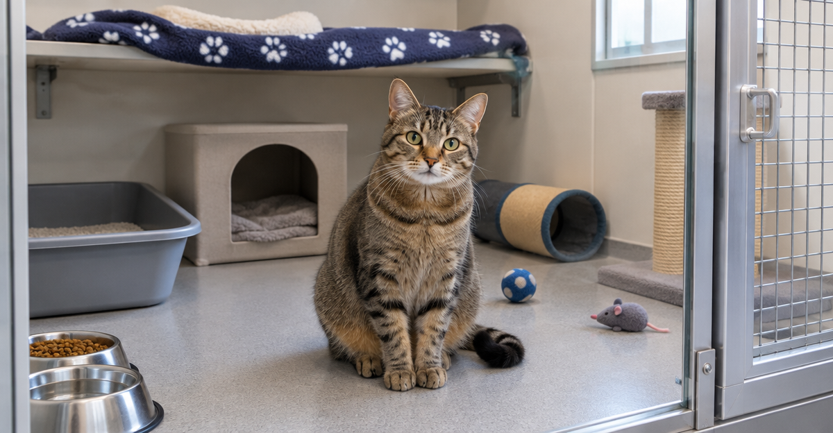 Domestic tabby cat resting in a comfortable cattery room during pet boarding stay