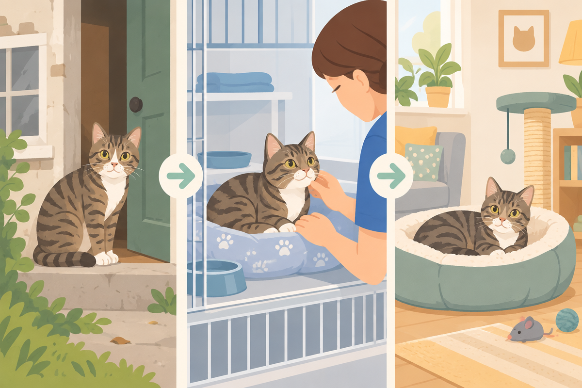Illustration of tabby cat moving journey: old home, cattery stay, new home settlement