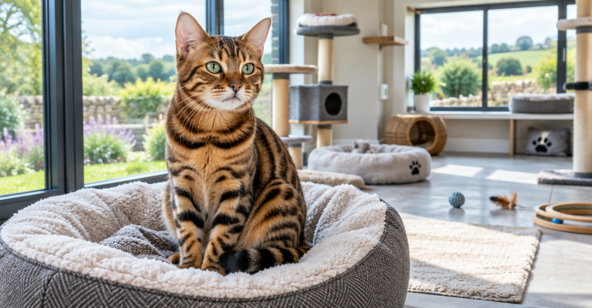 Bengal cat in a bright, modern Essex cattery room with garden views