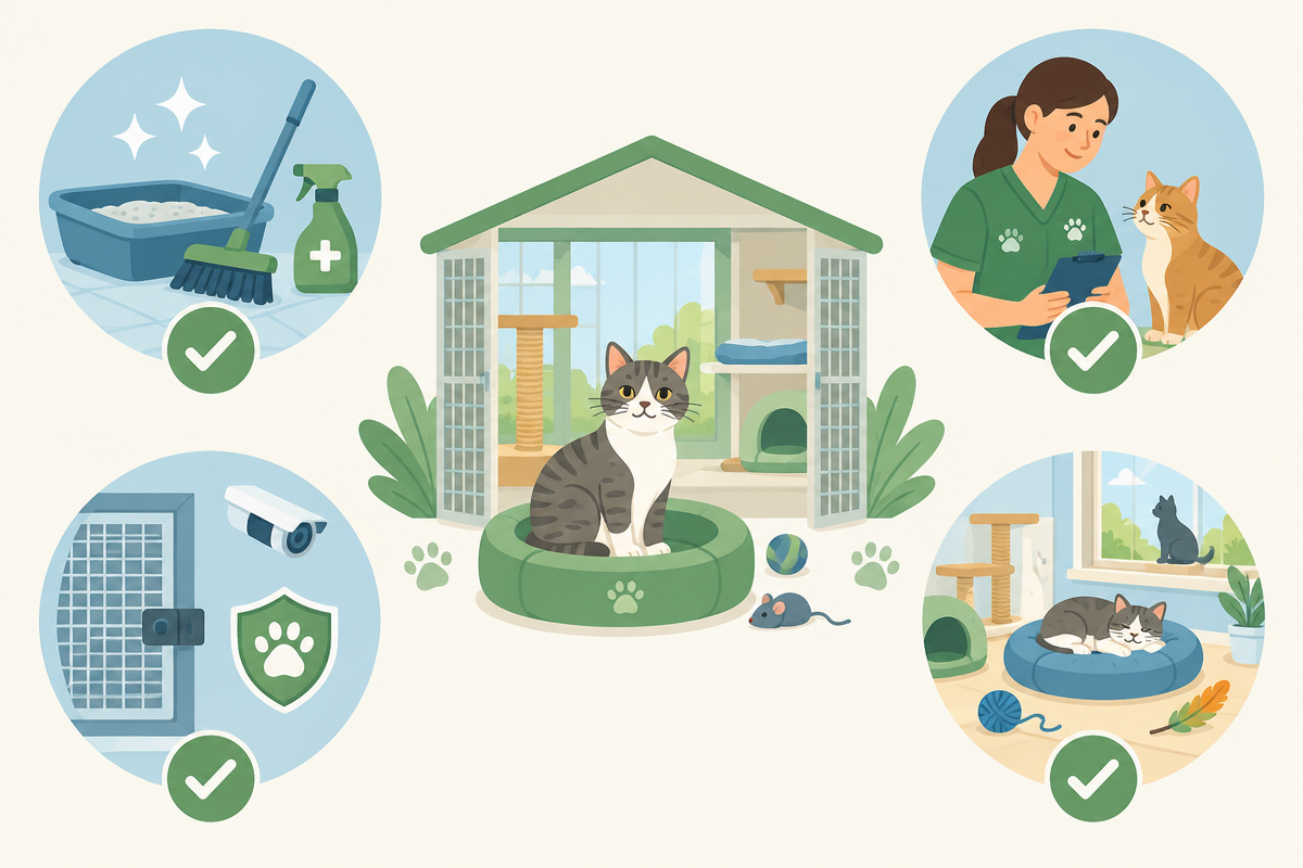 Illustration of cattery selection criteria with visual icons