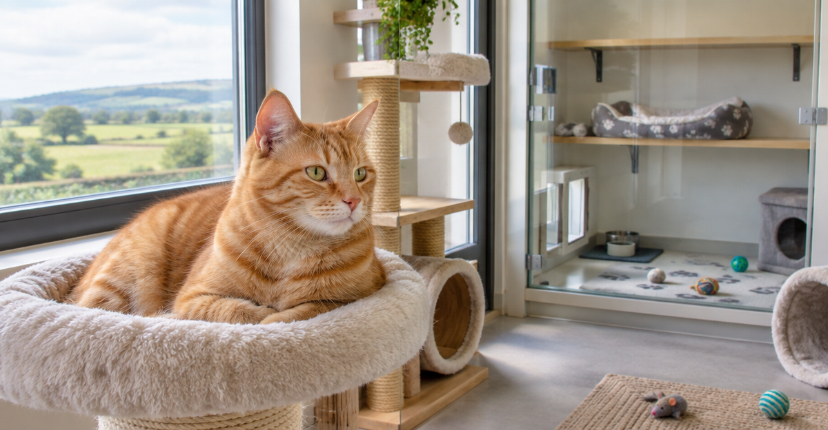 Ginger cat relaxing in a bright cattery room in Belfast with comfortable furniture