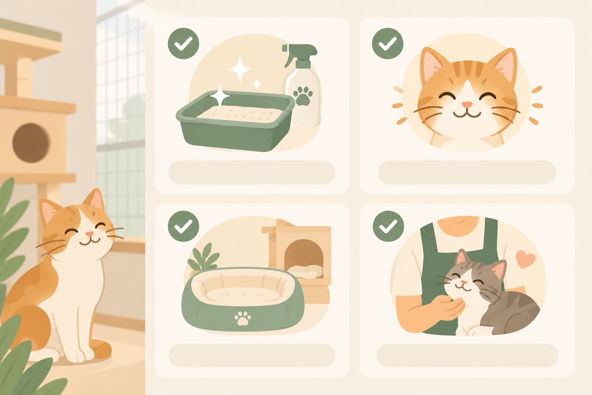 Illustration of key cattery inspection points for choosing Belfast cat boarding