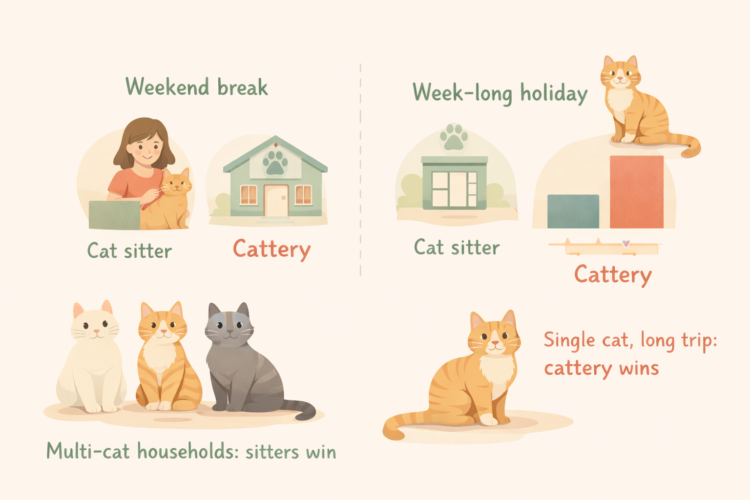Cat sitter vs cattery side-by-side comparison illustration for pet boarding