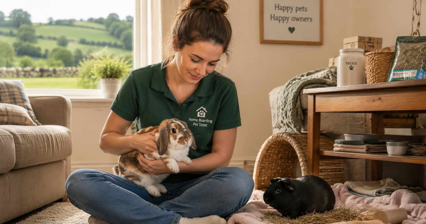 Pet sitter caring for rabbit and guinea pig in a home setting
