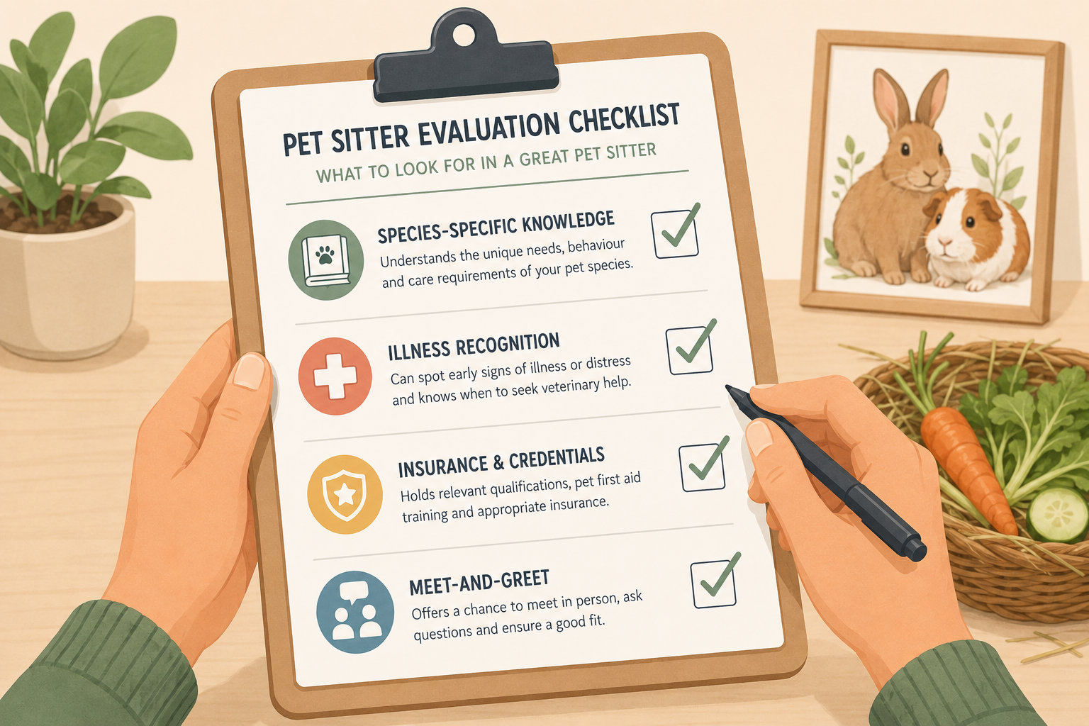 Pet sitter evaluation checklist for choosing rabbit and guinea pig care