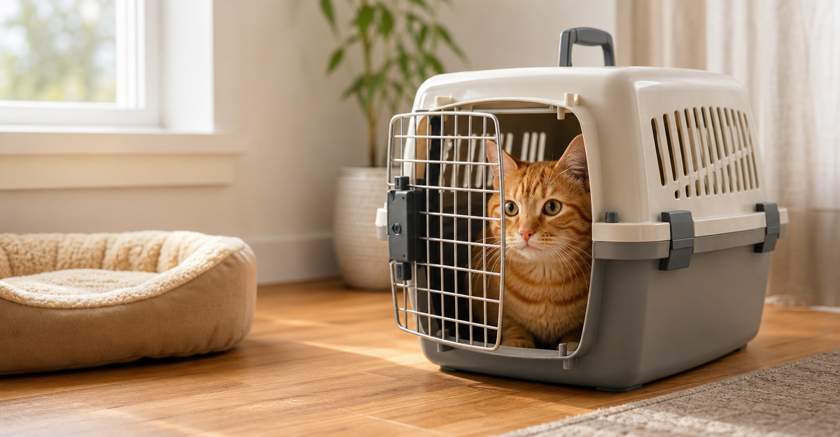 Ginger tabby cat looking out of a hard-sided pet carrier in a bright home setting