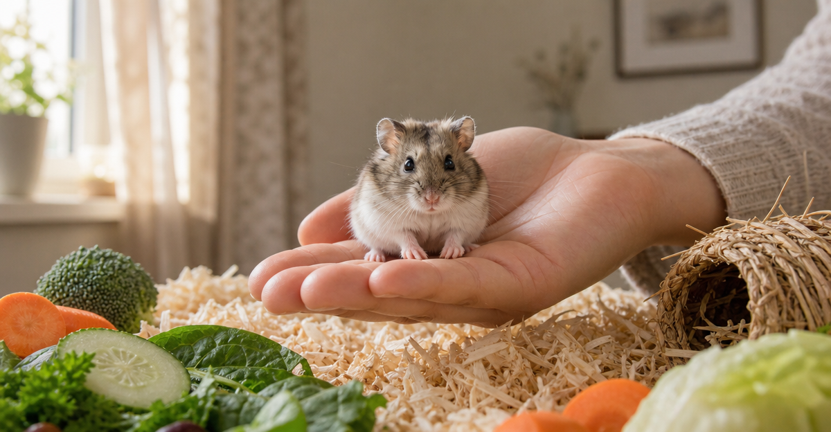 Dwarf hamster on owner's hand with fresh food and bedding, hamster care guide