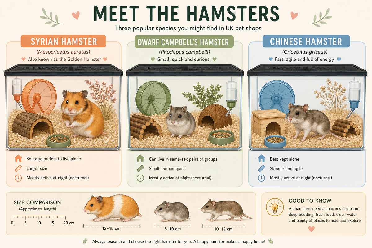 Illustration of three hamster species compared for choosing pet hamsters
