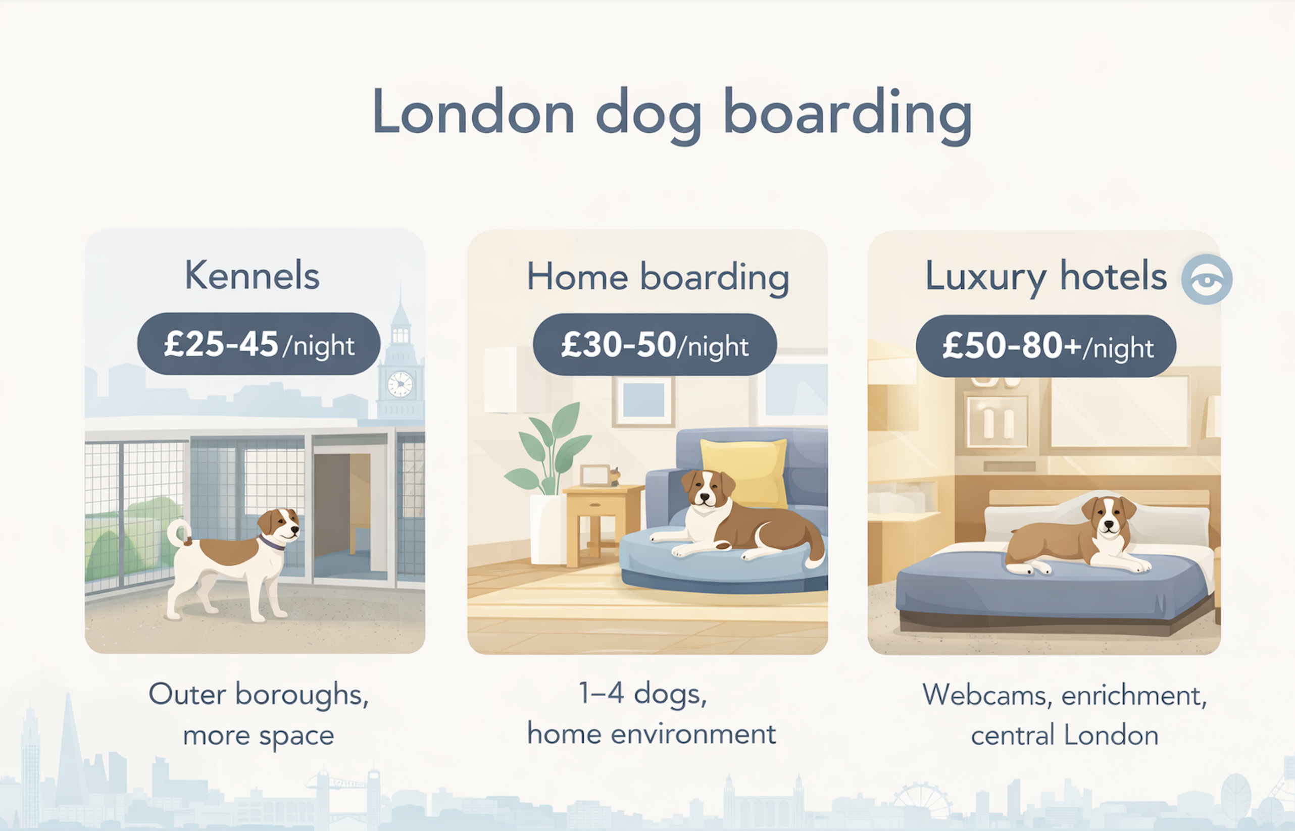 Dog boarding facility evaluation checklist with icons and illustrations