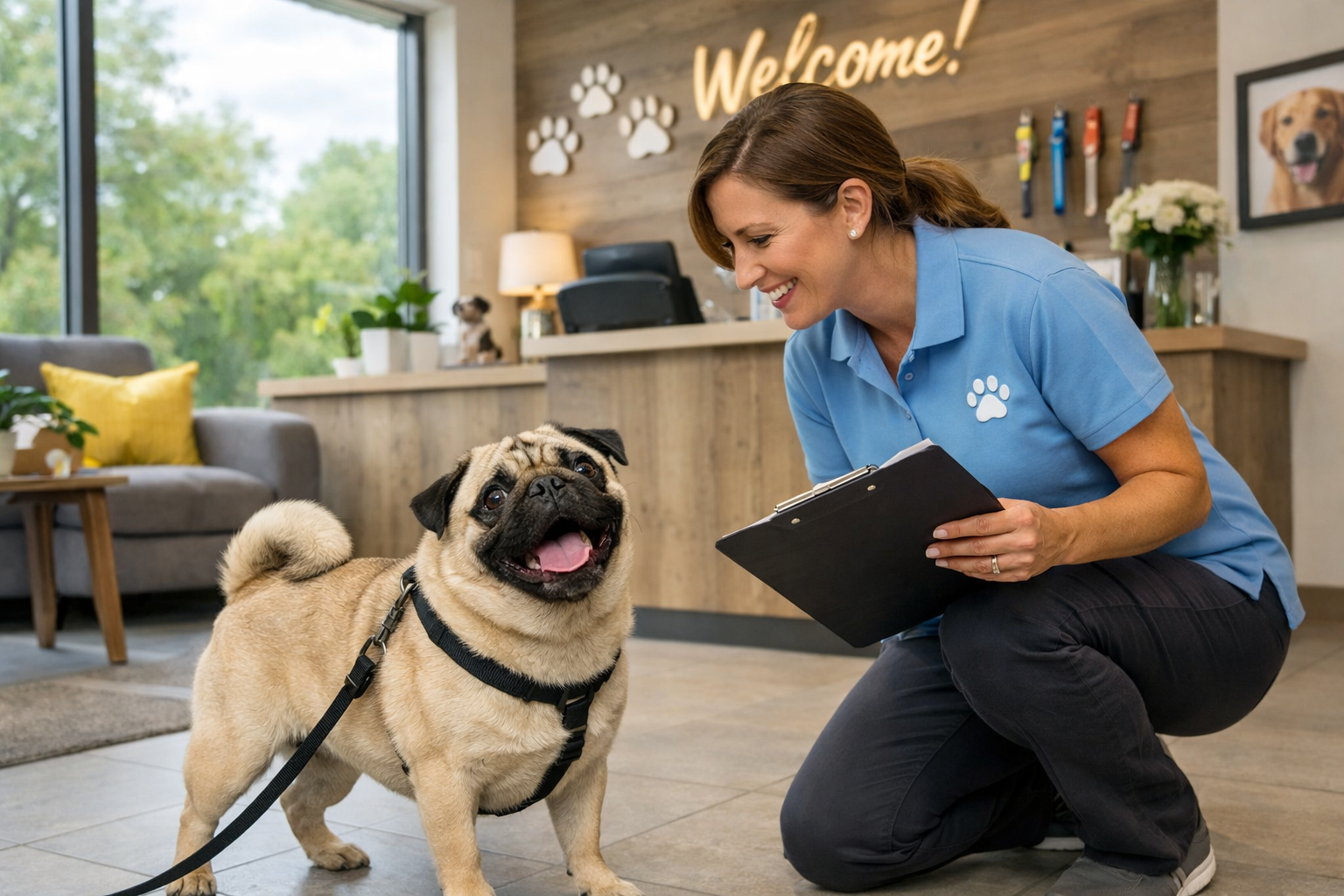 Dog boarding in London: golden Retriever greeting staff member at reception