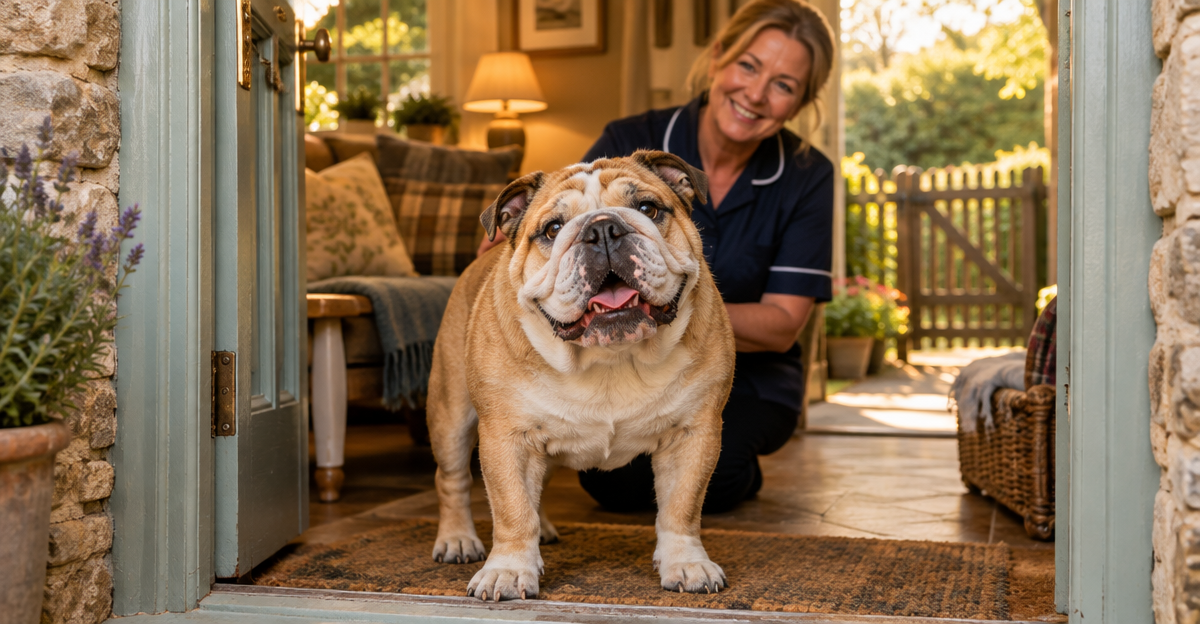 English Bulldog at a licensed UK dog boarding home with a caring boarder