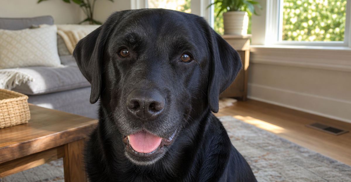 Black Labrador displaying happy, relaxed body language with soft eyes and slightly open mouth