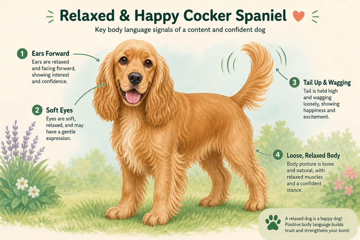 Dog body language comparison: stress signals versus relaxed happy dog signs in Cocker Spaniels