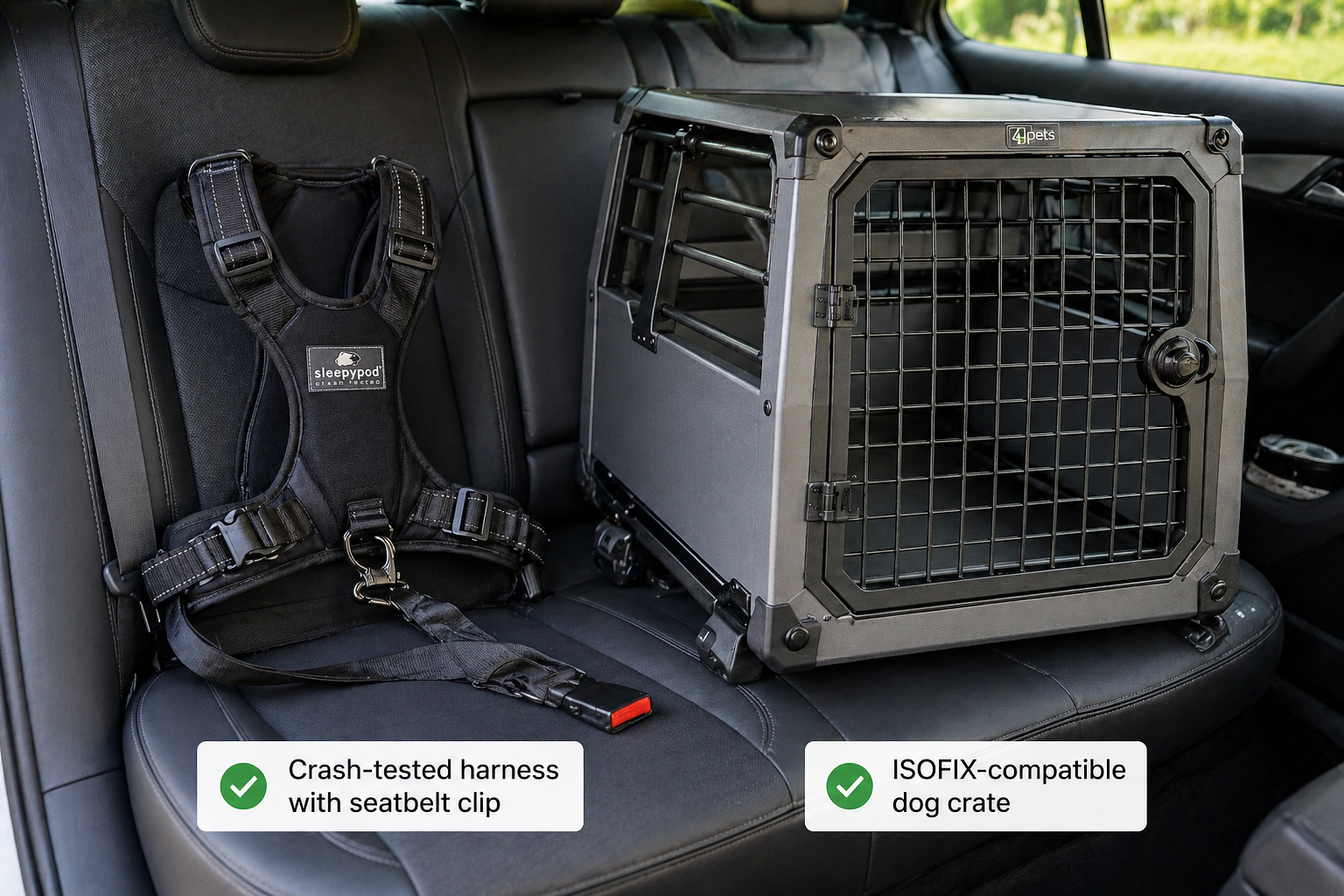 Car safety harness and ISOFIX crate side by side on a car back seat