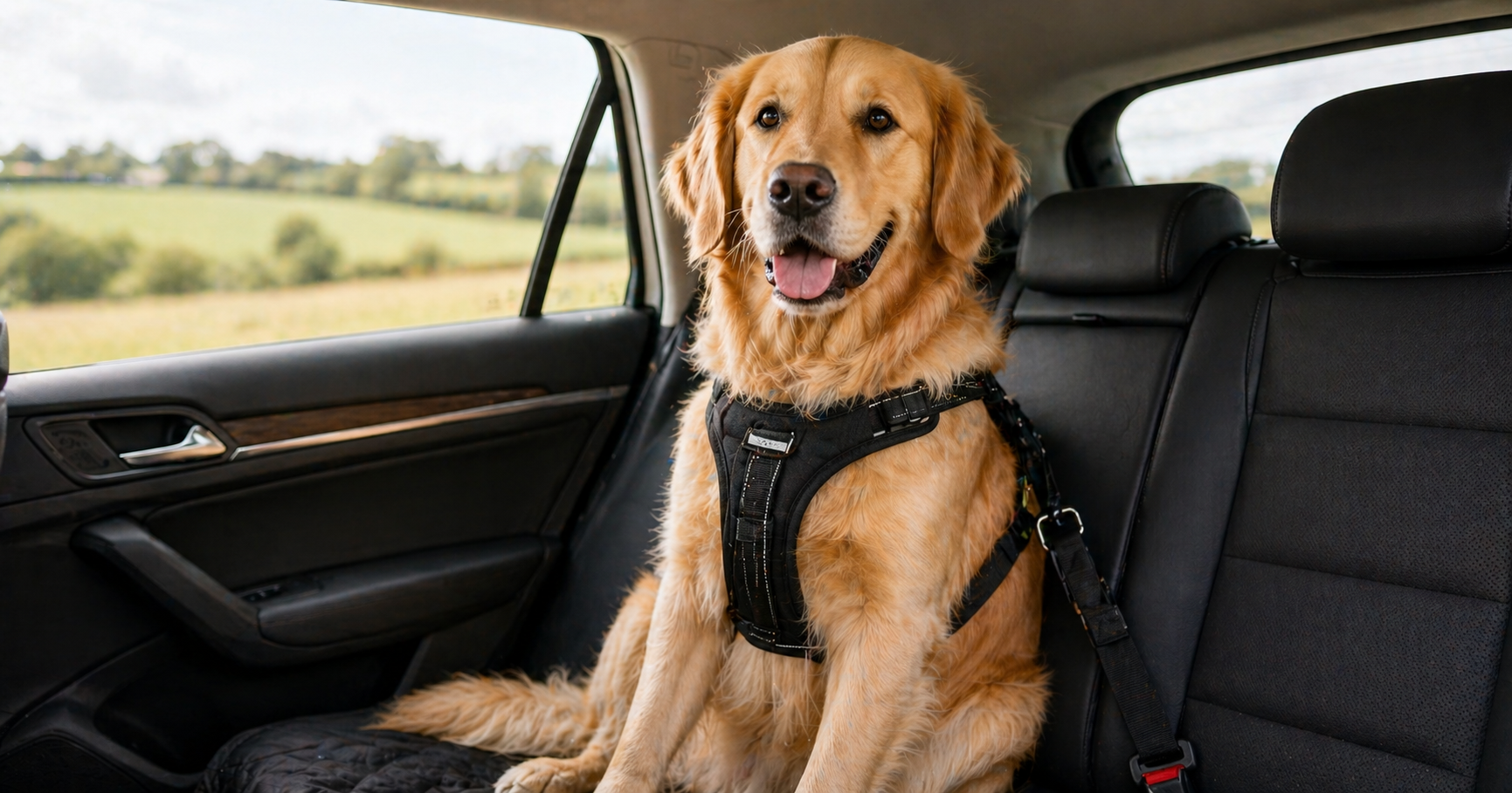Golden retriever wearing a car safety harness in the back seat of a car