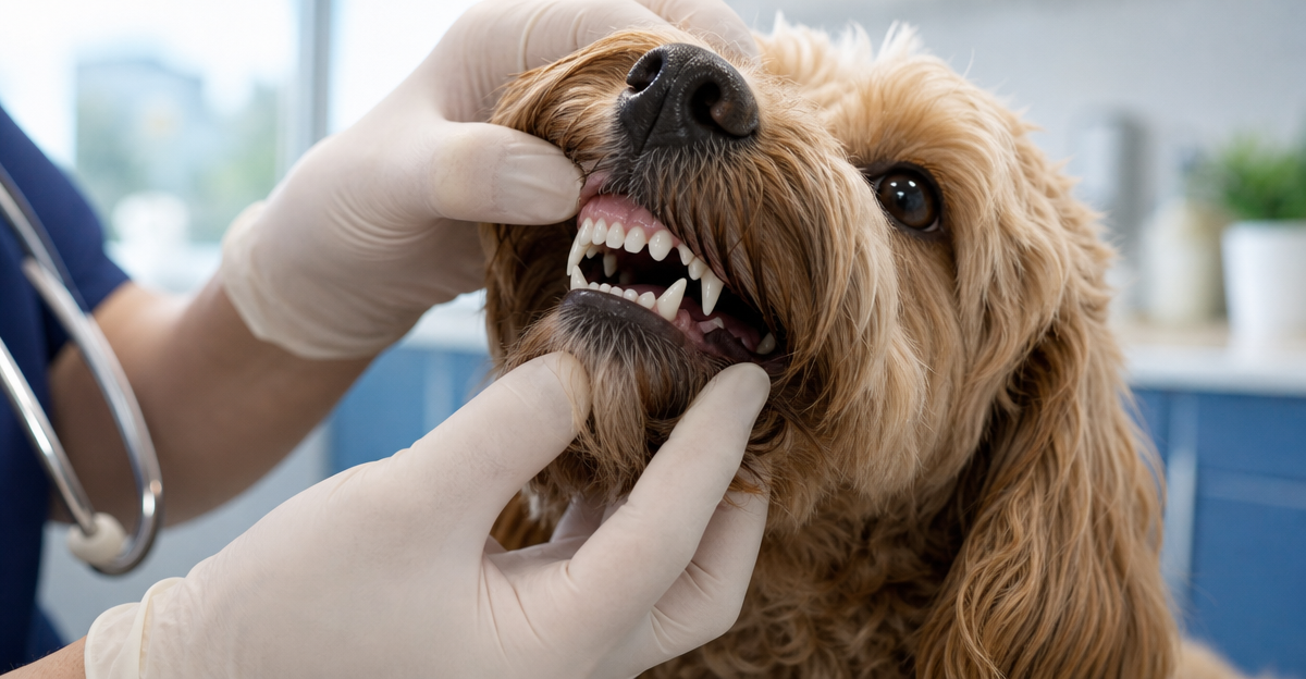 Cockapoo with clean healthy teeth during veterinary dental care examination