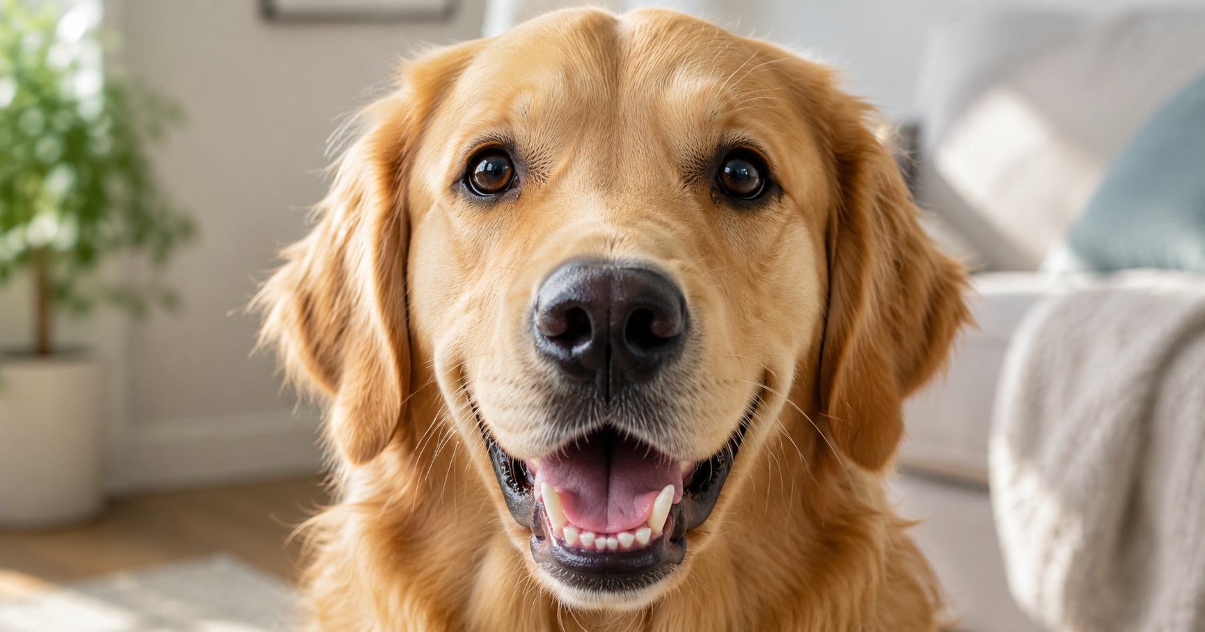Golden Retriever with healthy teeth and gums in natural lighting
