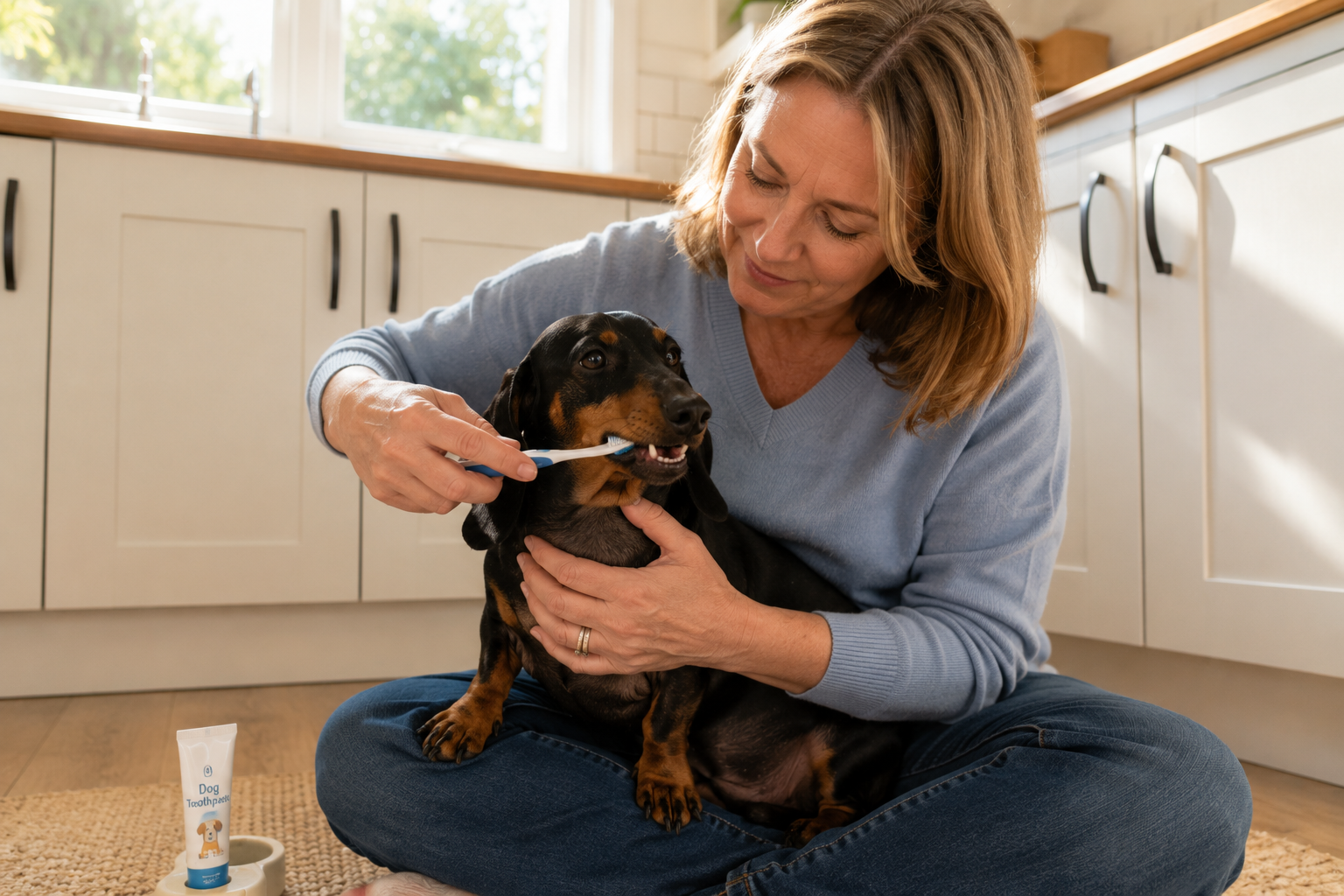 Owner brushing a Dachshund's teeth using proper technique
