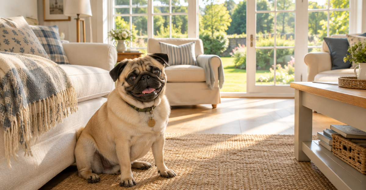 Pug relaxing in dog-friendly UK holiday cottage accommodation