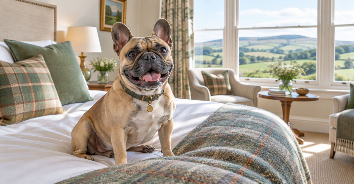 French Bulldog relaxing in a dog-friendly hotel room overlooking Durham countryside