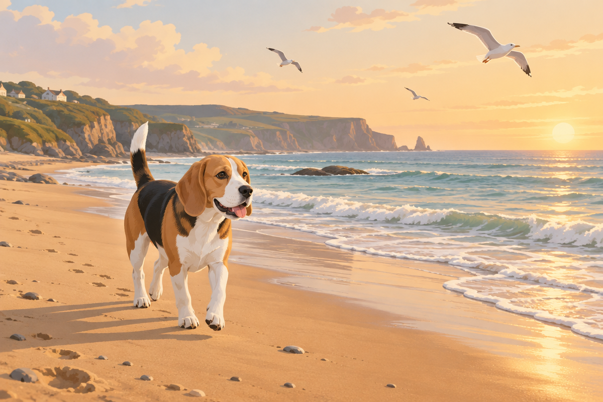 Beagle enjoying a dog-friendly beach walk along the Durham coast