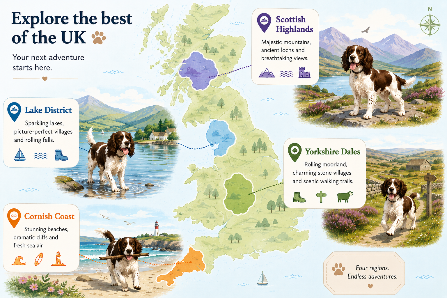 UK dog holiday regions illustrated with Springer Spaniel